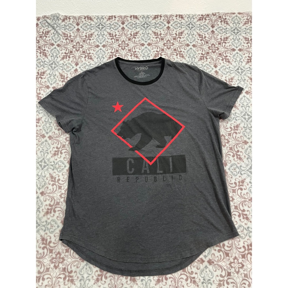 Hybrid Apparel Cali Republic Bear Graphic T-Shirt Gray 2XL Curved Hem Mens